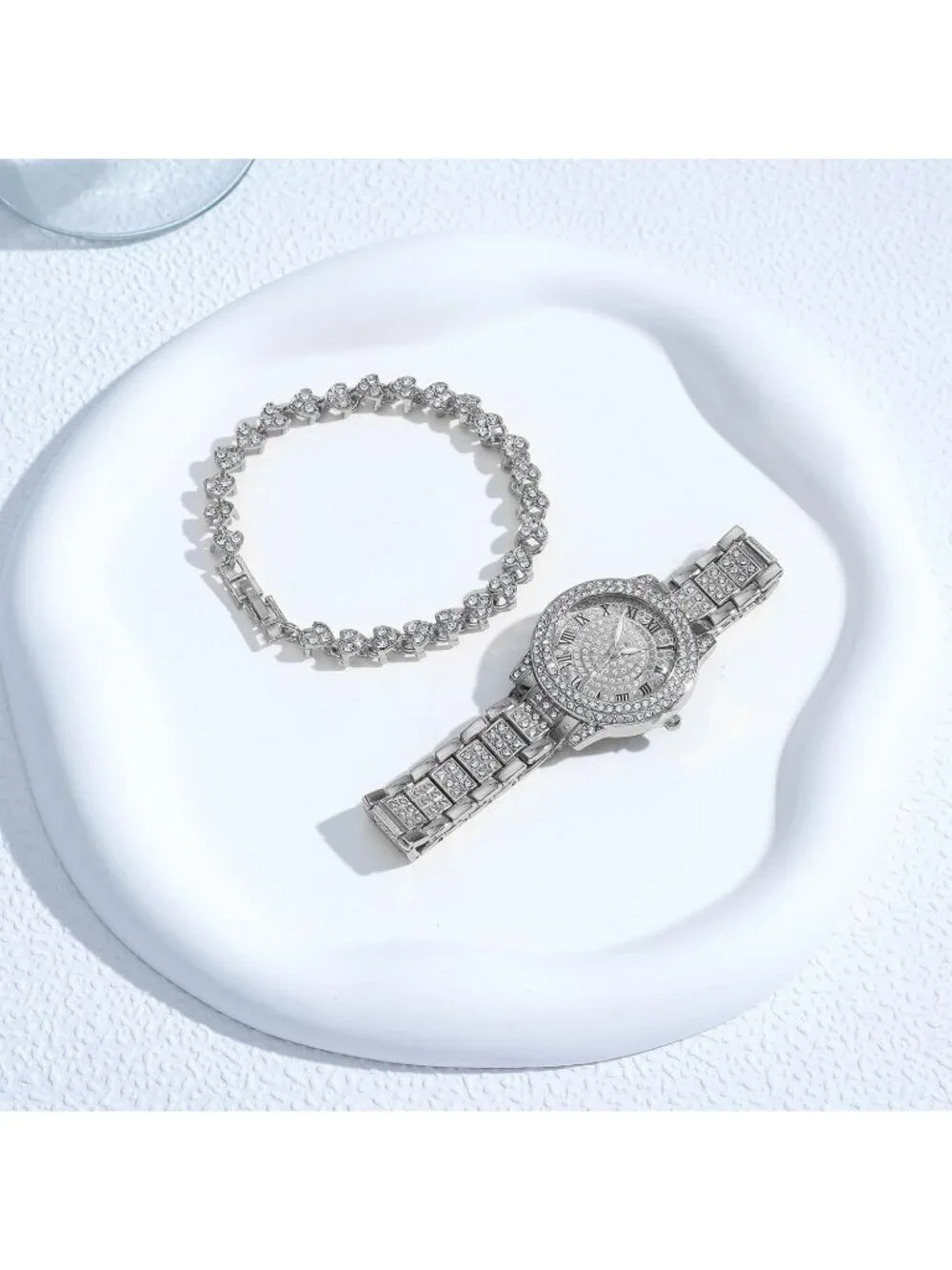 Women's Silver Analog Quartz Diamond Bracelet Set Luxury Cubic Zirconia Watch